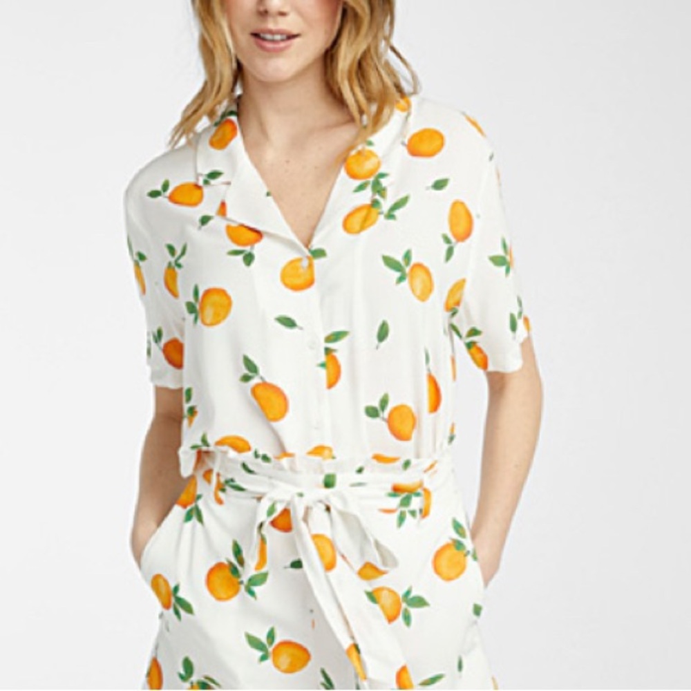 Cream White Relaxed Notched Collar Blouse with orange print